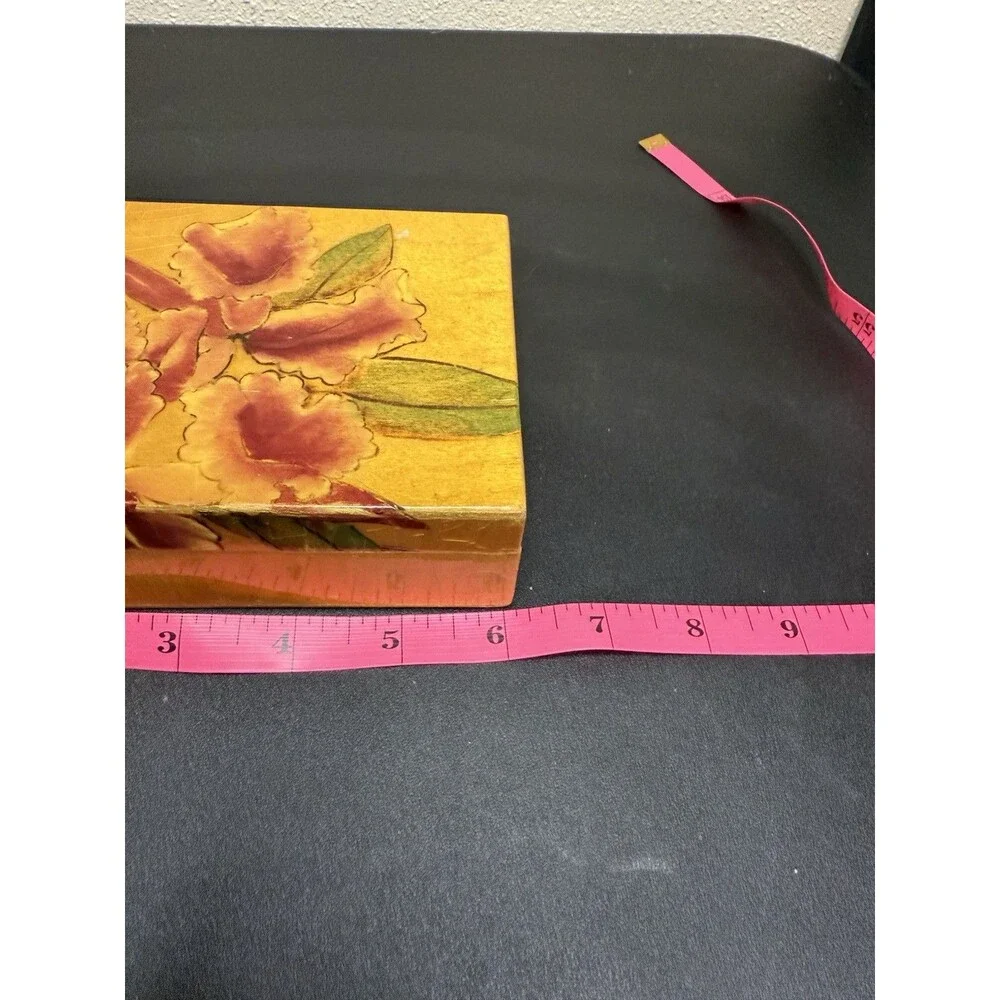 Vintage Trinket Box Floral Light Wood Green Interior Keepsakes Jewelry